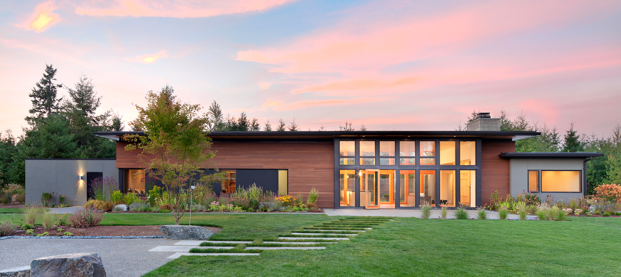 Exterior view of the Olympia Prairie Home, designed by an eco-friendly home architect firm specializing in sustainable architecture