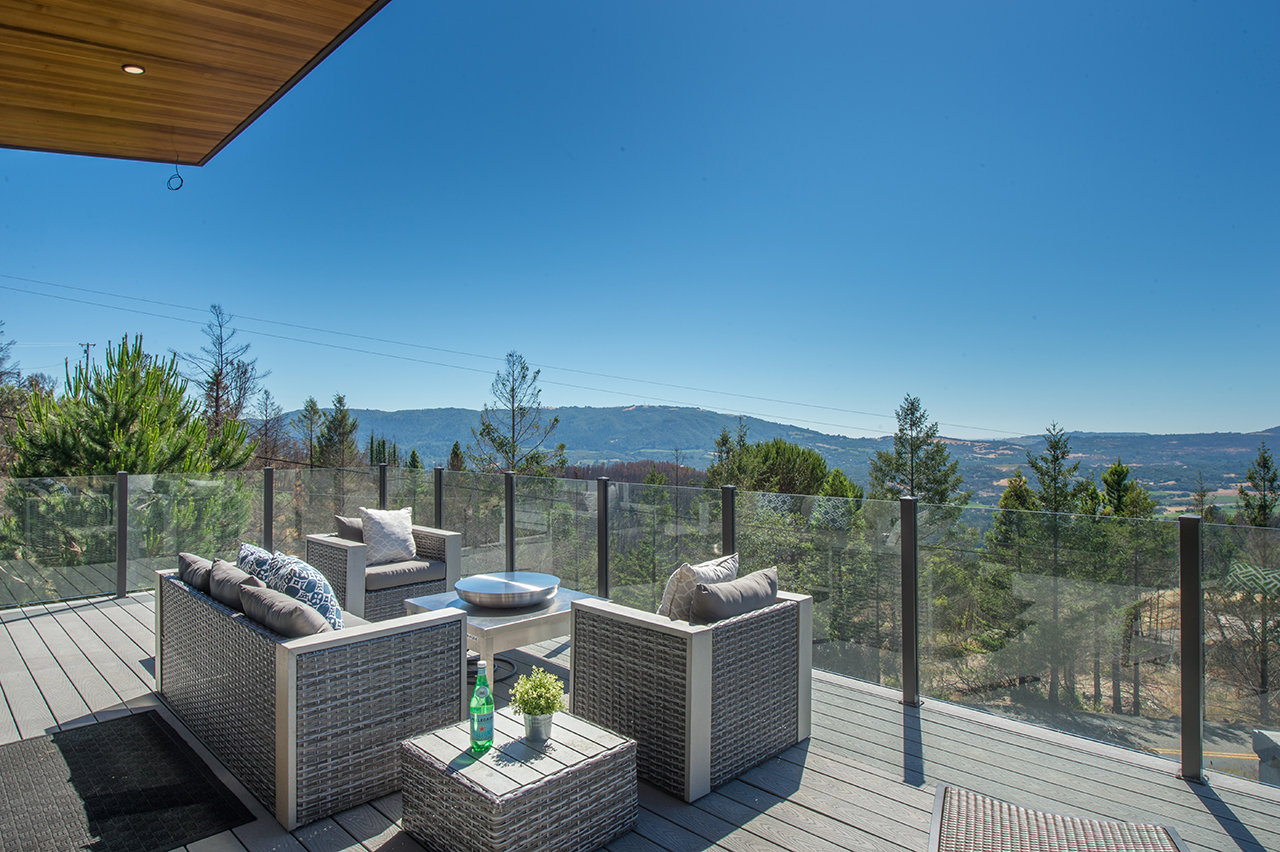Sonoma Valley Guest House, deck and view of valley, sustainable design architecture, Sonoma CA, 