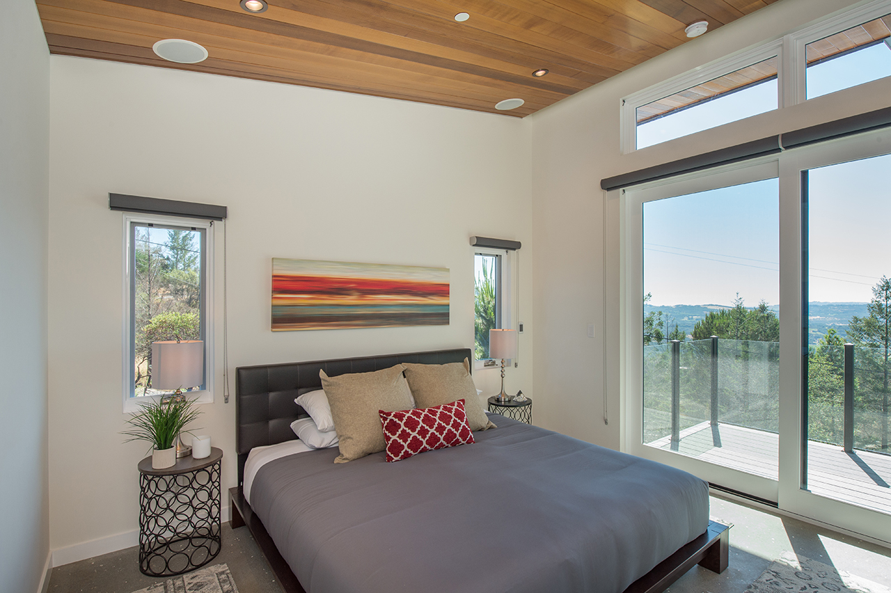 Sonoma Valley Guest House, bedroom with view, sustainable design architecture, Sonoma CA, 