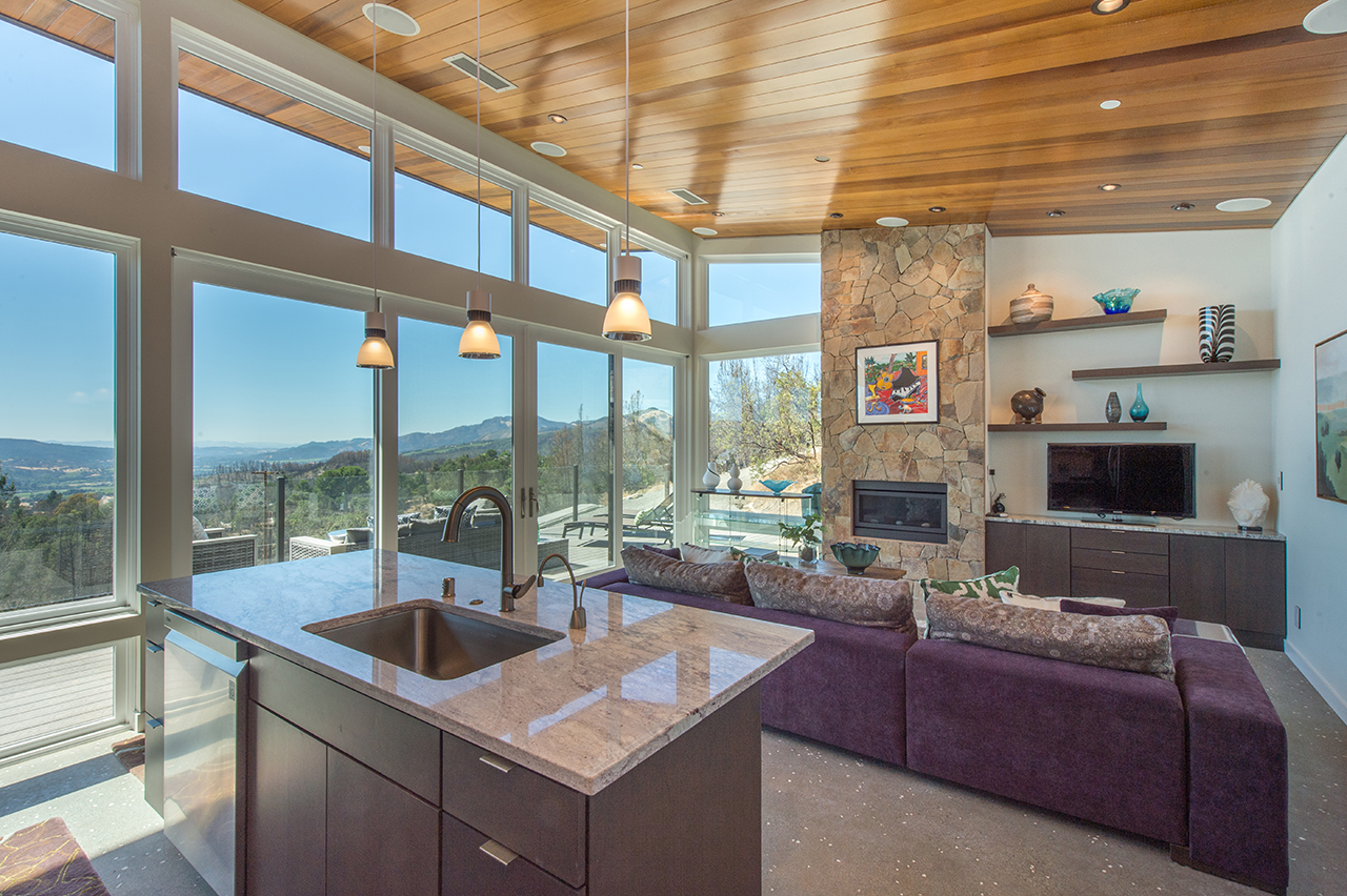Sonoma Valley Guest House, living room and kitchen with view of valley, sustainable design architecture, Sonoma CA