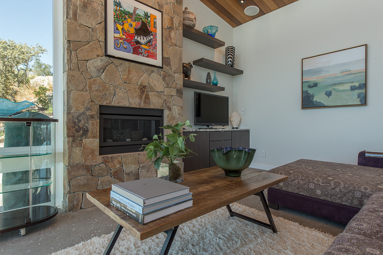 Sonoma Valley Guest House, living room fireplace, sustainable design architecture, Sonoma CA, 