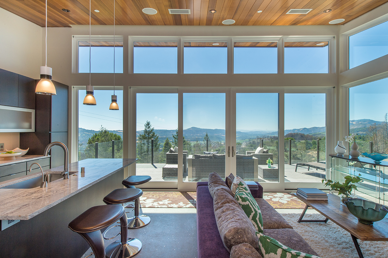 Sonoma Valley Guest House, living room and kitchen with view of valley, sustainable design architecture, Sonoma CA, 