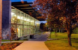 Transparent design by Seattle civic architects– Night view of South Seattle Community College, Extension Program Building