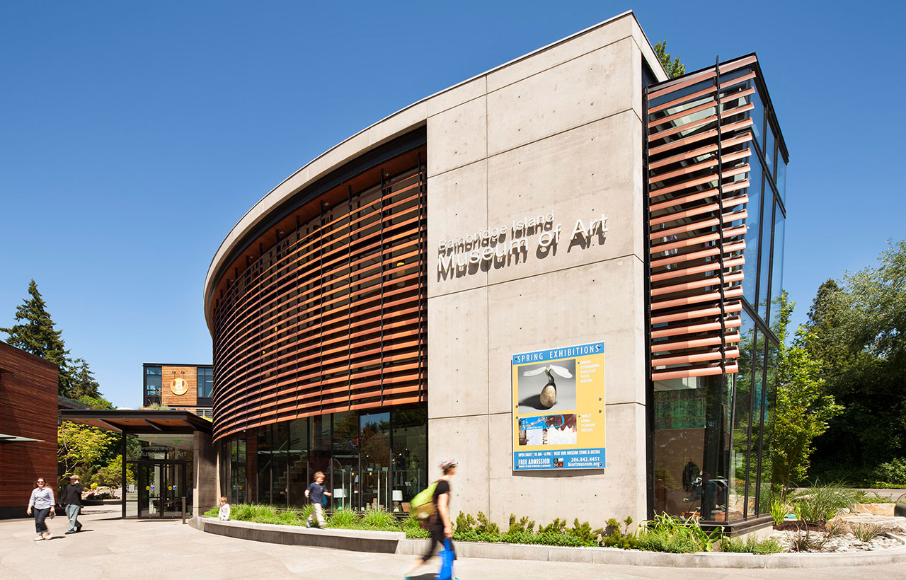 Exterior entryway at Bainbridge Island Museum of Art, designed by a green commercial architect firm in the Bainbridge area