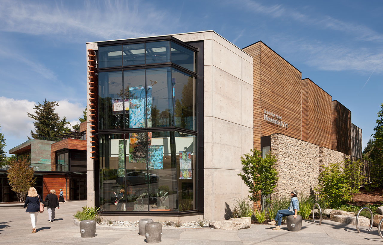 Exterior view of Bainbridge Island Museum of Art, designed by a green commercial architect firm in the Bainbridge area
