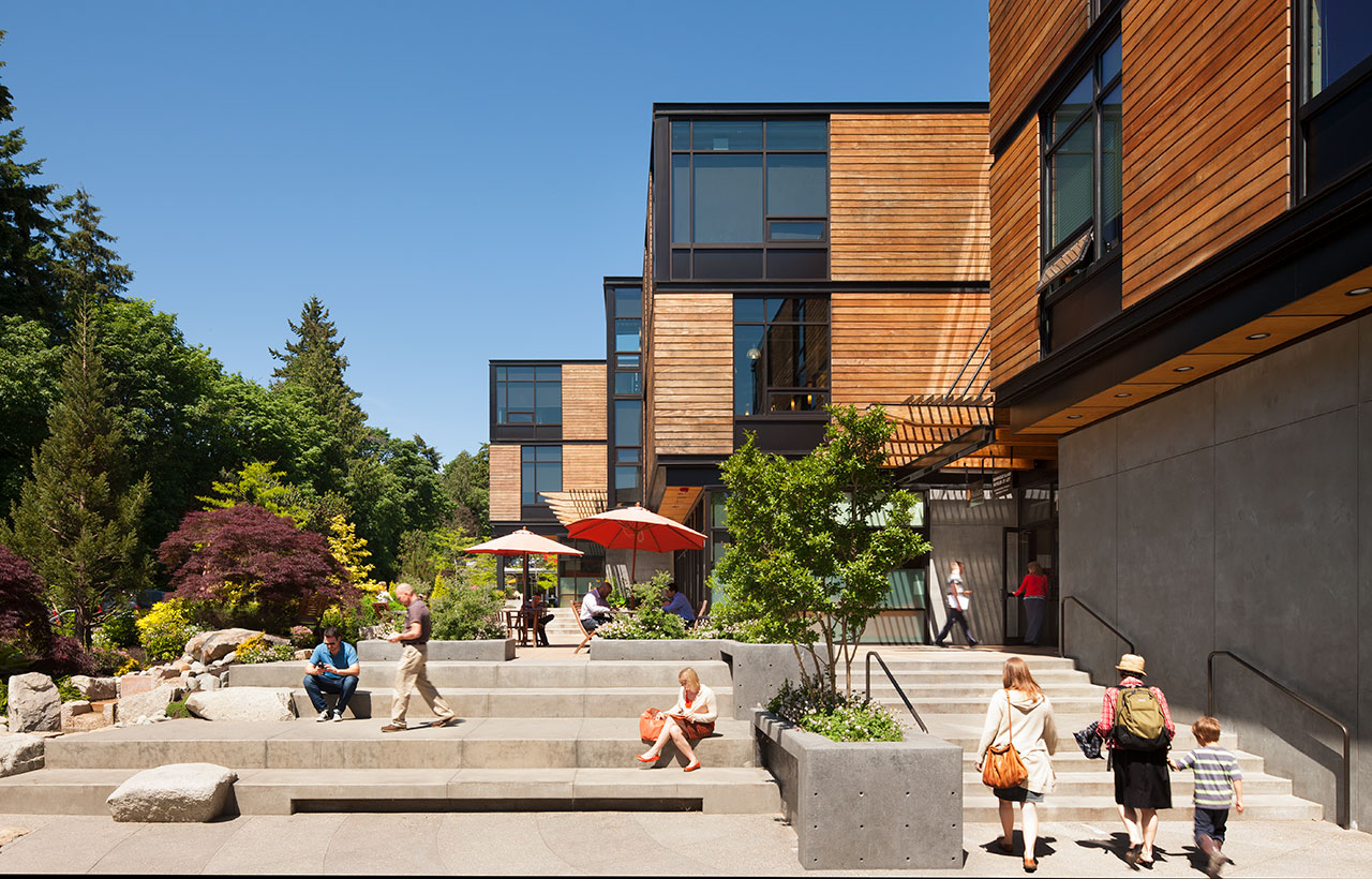 Exterior courtyard view of Bainbridge Island Museum of Art, designed by a green commercial architect firm in the Bainbridge area