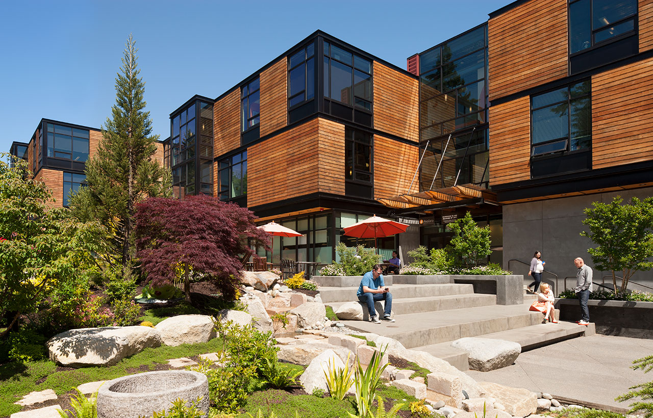 Exterior courtyard view of Bainbridge Island Museum of Art, designed by a green commercial architect firm in the Bainbridge area