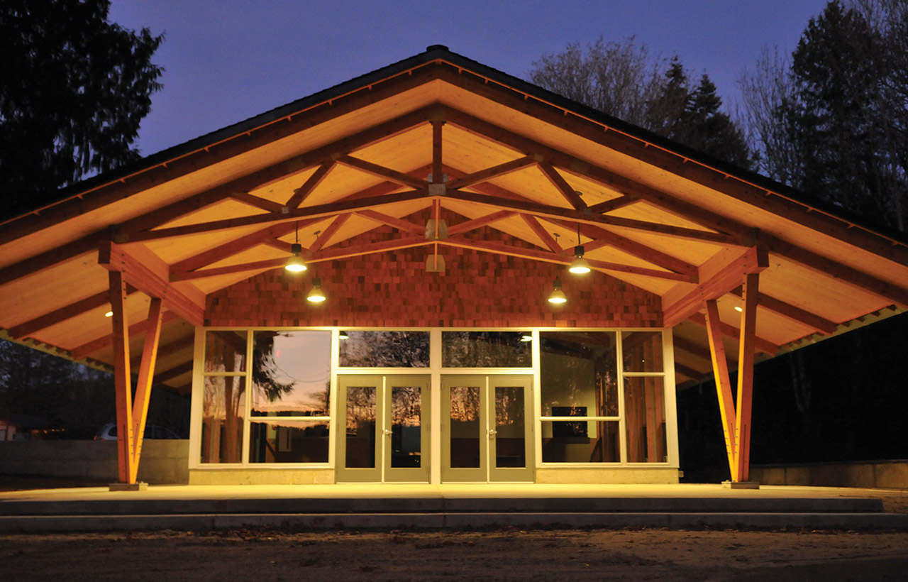 Exterior entry view of the S'Klallam Tribe Youth Center, designed by a sustainable public works architect firm in the Seattle area
