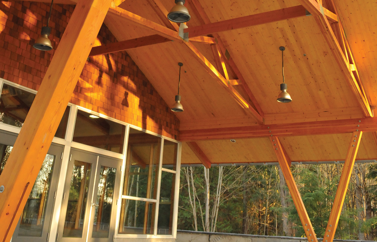 Exterior entry view of the S'Klallam Tribe Youth Center, designed by a sustainable public works architect firm in the Seattle area