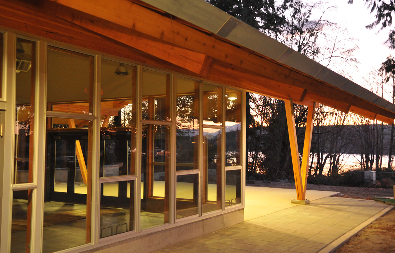 Exterior entry detail of the S'Klallam Tribe Youth Center, designed by a sustainable public works architect firm in the Seattle area