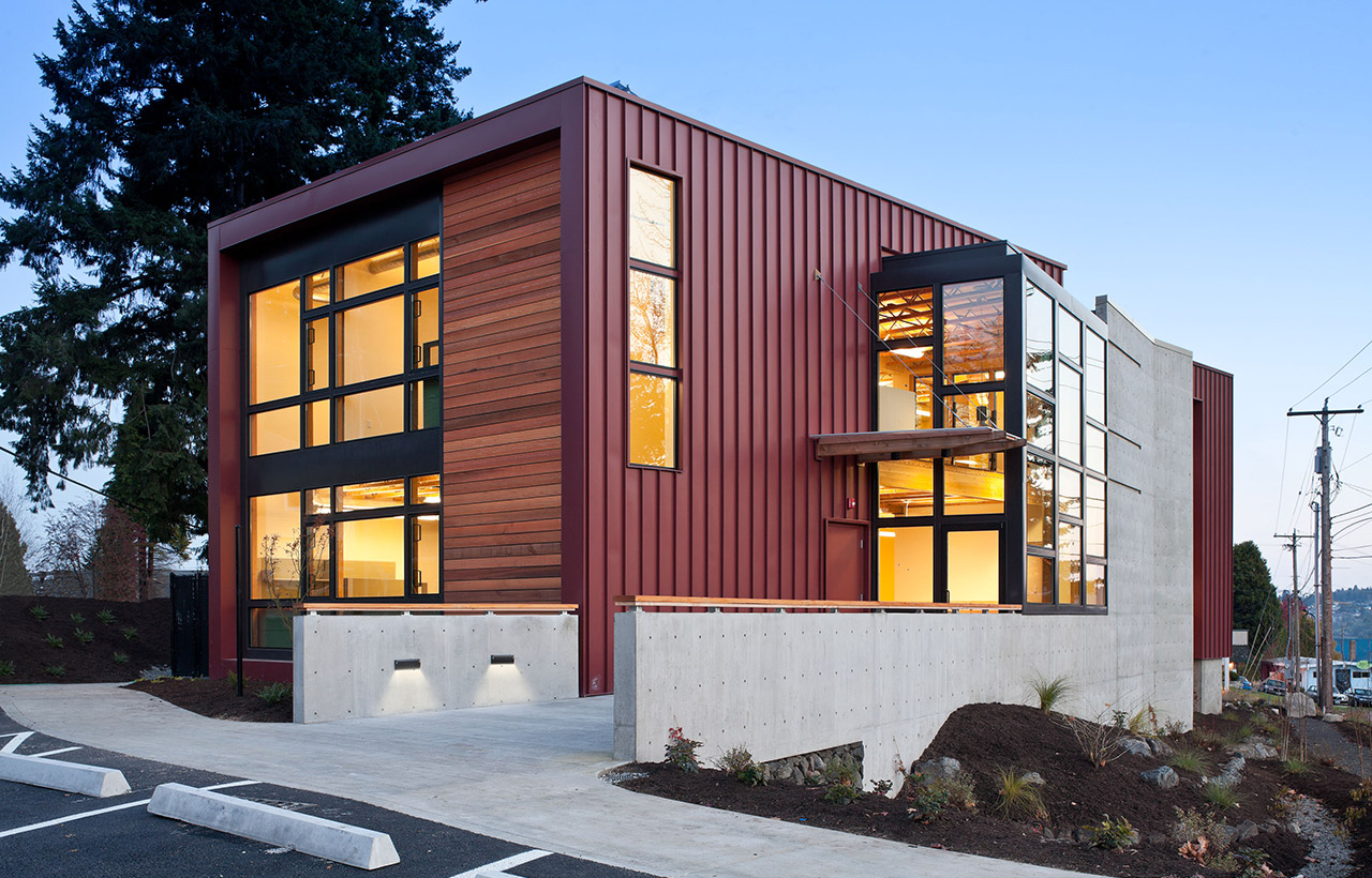 Exterior entry view of the Tanner Office Building, designed by a sustainable architect firm in the Seattle area