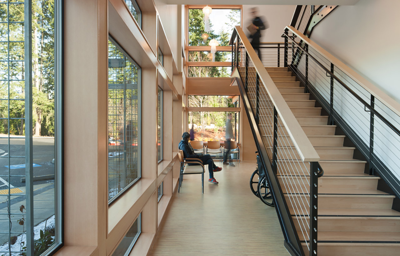 Harrison Urgent Care Facility, Interior, Stairs. Civic architecture by sustainable Seattle architecture firm.