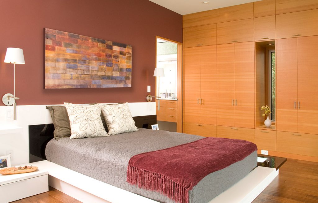 Hansen Road House, Interior, Master Bedroom. Residential architecture designed by sustainable architect.