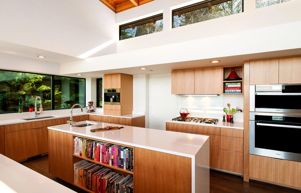 Hillside House, Interior, Kitchen. Residential architecture designed by sustainable architect.