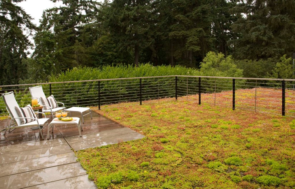 Platinum House Residence, exterior custom green roof patio. Example of sustainable residential architecture by Bainbridge Island architects.