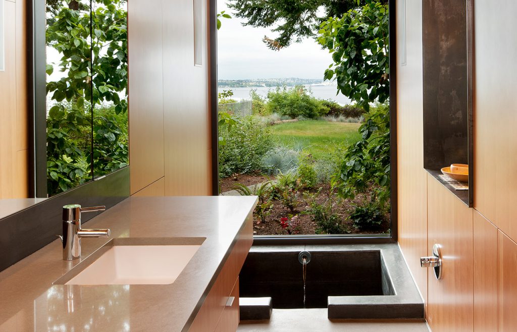 Platinum House Residence, interior bathroom. Example of residential architecture by Bainbridge Island architects.