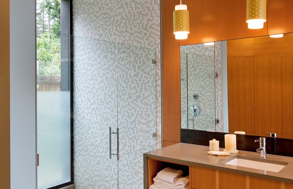 Platinum House Residence, interior bathroom. Example of residential architecture by Bainbridge Island architects.