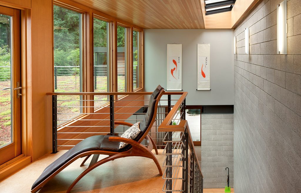 Platinum House Residence, interior stair landing. Example of residential architecture by Bainbridge Island architects.
