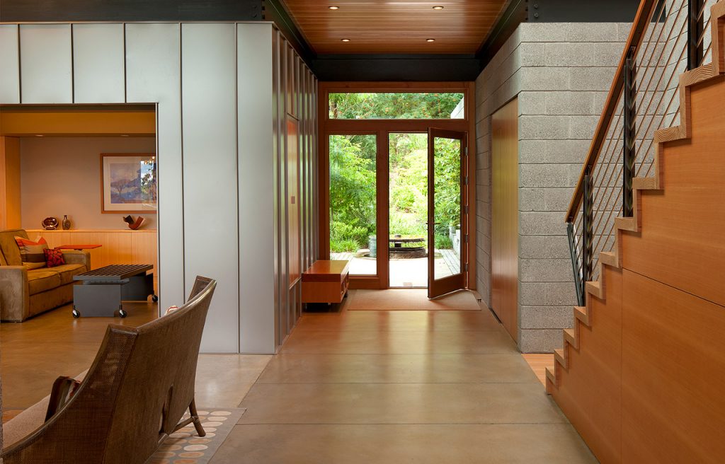 Platinum House Residence, interior entry. Example of residential architecture by Bainbridge Island architects.