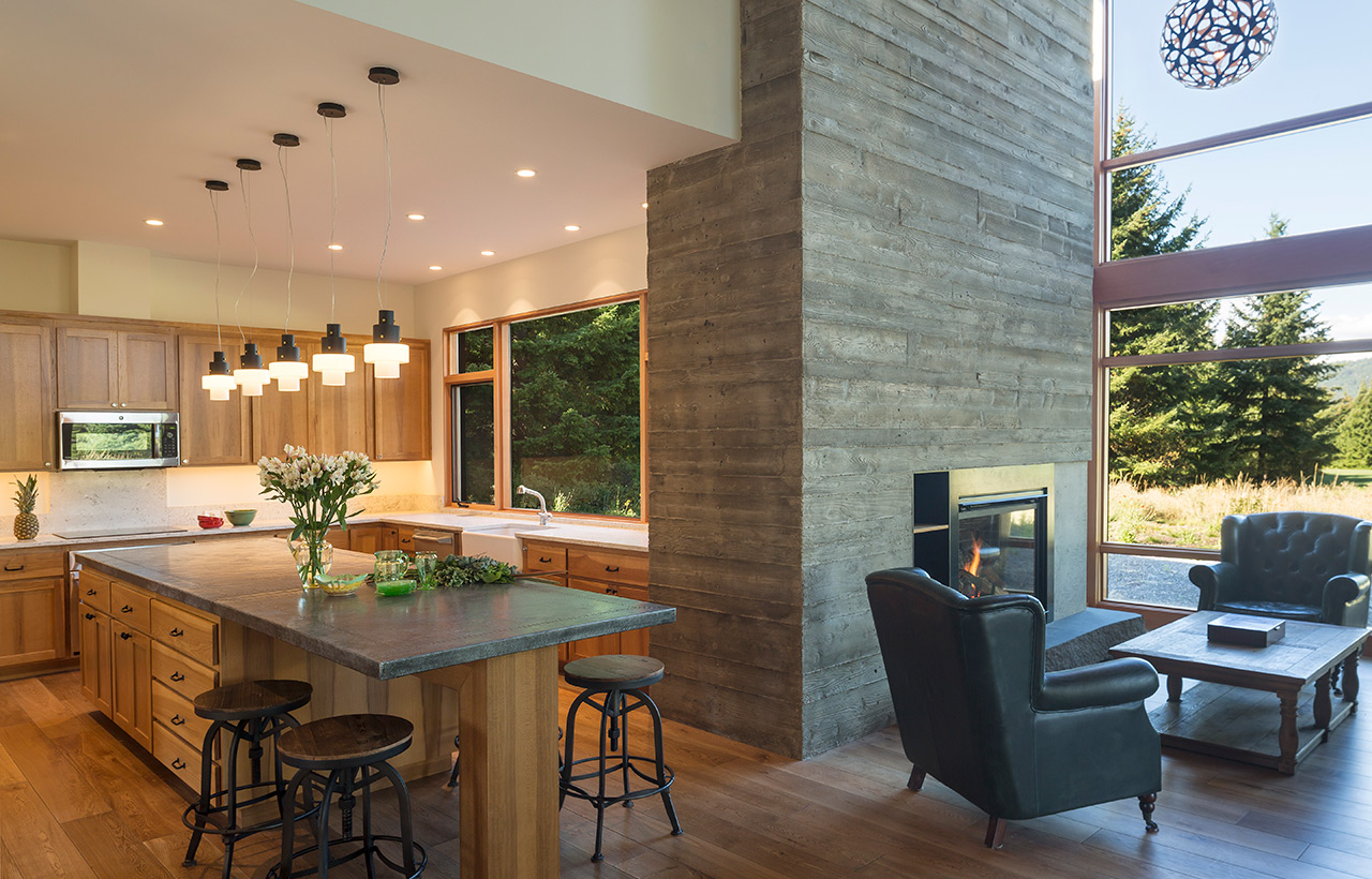Open concept kitchen of Suncadia Resort net zero home by Seattle sustainable architecture company
