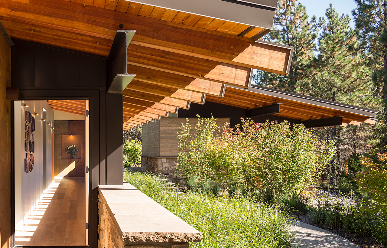 Exterior canopy detail view of Suncadia Resort net zero home by Seattle sustainable architecture firm