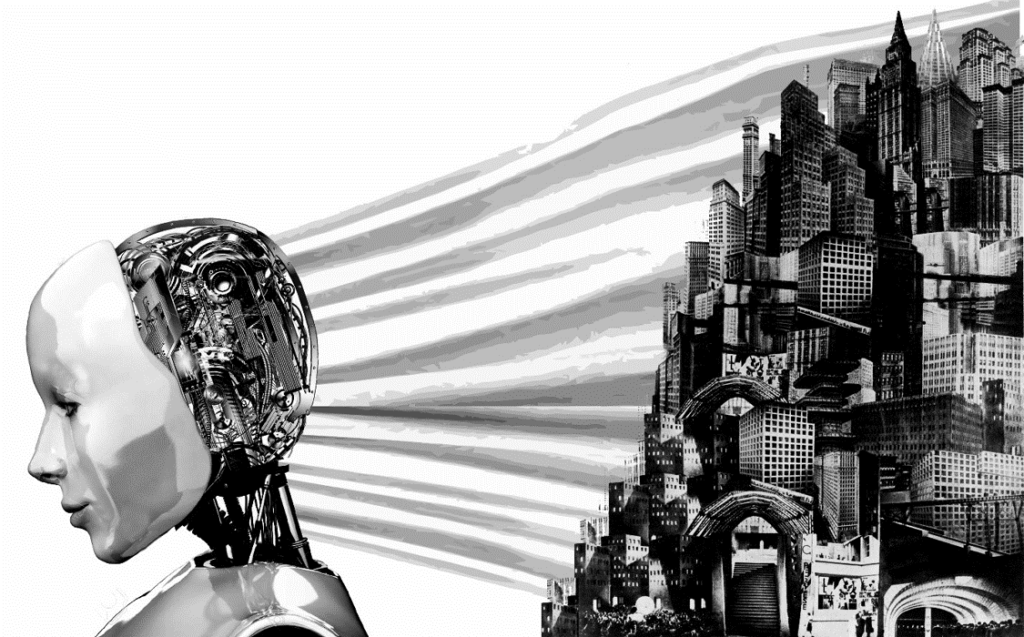illustration of robot imagining city